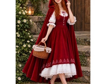 Little Red Riding Hood Costume Women's Red Velvet Hooded Cape & Lace Up Renaissance Dress Custom Size, Gothic Costume, LARP Cosplay Costume