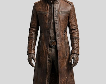 Men’s Distressed Leather Duster Coat - Brown Waxed Leather Trench Coat - Cowboy Western Style Coat - Steampunk Cosplay Jacket - Gothic Coats