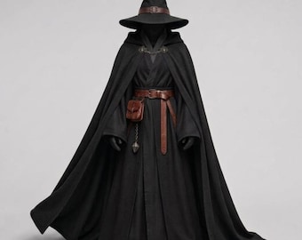 Wizard Costume, Fantasy Mage Robe with Hooded Cloak, Medieval Sorcerer Cosplay, Black Warlock Outfit, LARP Costume, Renaissance LARP Costume