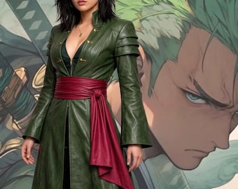 Anime Cosplay Green Leather Coat Dress, Pirate Style Trench Coat, Gothic Fantasy Costume, Long Leather Duster Coat, Samurai Jacket, Robe