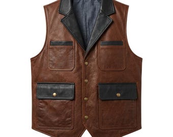 Men’s Genuine Cowhide Leather Vest | Biker Western Style Sleeveless Jacket | Retro Classic Leather Vest | Brown Black Leather Vest
