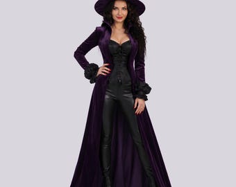 Gothic Purple Witch Costume with Hat | Velvet Sorceress Coat, Corset Top & Pants Set | Halloween Cosplay Outfit, Custom Size XS-4XL