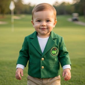 May include: A child wearing a green blazer with gold buttons and a golf course logo patch. The blazer is paired with a white shirt and khaki pants. The background is a golf course with a flag and a golf cart.