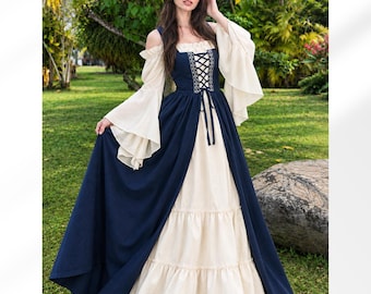 Medieval Renaissance Dress, Lace-Up Bodice, Chemise & Overdress, Navy Blue Cottagecore Gown, LARP Outfit, Gothic Dress