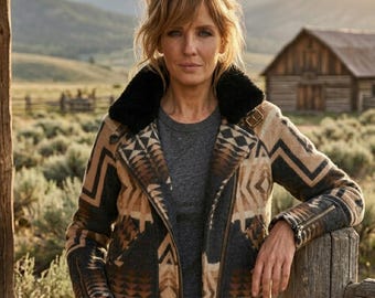 Women's Western Aztec Aviator Jacket | Southwestern Tribal Coat | Shearling Collar Jacket | Ranch Style Jacket | Cowgirl Aztec Pattern Jacke
