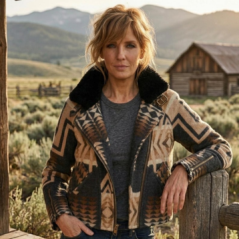 May include: A moto-style jacket featuring a geometric pattern in shades of brown, tan, and charcoal gray. The jacket has a black faux-fur collar, a full-length front zipper, and zippered cuffs, worn over a plain charcoal gray crew-neck t-shirt.