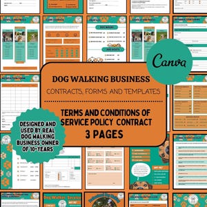 Può includere: Una raccolta di modelli e moduli per attività di dog walking, tra cui contratti, listini prezzi e schede di feedback dei clienti. Il design presenta accenti arancioni e verde acqua con illustrazioni a tema cani e il testo "Dog Walker".
