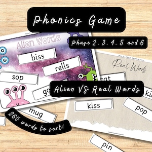 May include: A phonics game with the text "Phonics Game" and "Alien VS Real Words". The game includes cards with alien and real words, and alien illustrations. The text "260 words to sort!" is also present.