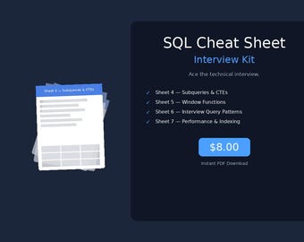 SQL Interview Cheat Sheet Bundle | Subqueries, Window Functions, Query Patterns & Performance Tuning