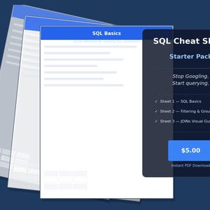 SQL Cheat Sheet Bundle — Pacchetto di avvio / Guida di riferimento per principianti per nozioni di base di SQL, filtri e JOIN