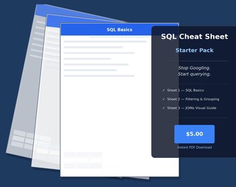SQL Cheat Sheet Bundle — Pacchetto di avvio / Guida di riferimento per principianti per nozioni di base di SQL, filtri e JOIN
