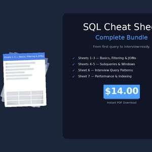 Volledige SQL-spiekbriefjebundel | Alle 7 vellen | Van basis tot geavanceerd, vensterfuncties, joins, interviews
