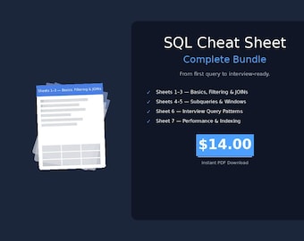 Pacchetto completo di SQL Cheat Sheet / Tutti e 7 i fogli / Dalle basi all'avanzato, funzioni di finestra, join, interviste