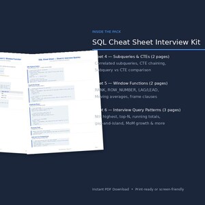 Pu&ograve; includere: Un kit di intervista SQL Cheat Sheet con il testo "INSIDE THE PACK" e "SQL Cheat Sheet Interview Kit". Il kit include informazioni su sottoquery, CTE, funzioni finestra e modelli di query di intervista. Il documento &egrave; un PDF pronto per la stampa.