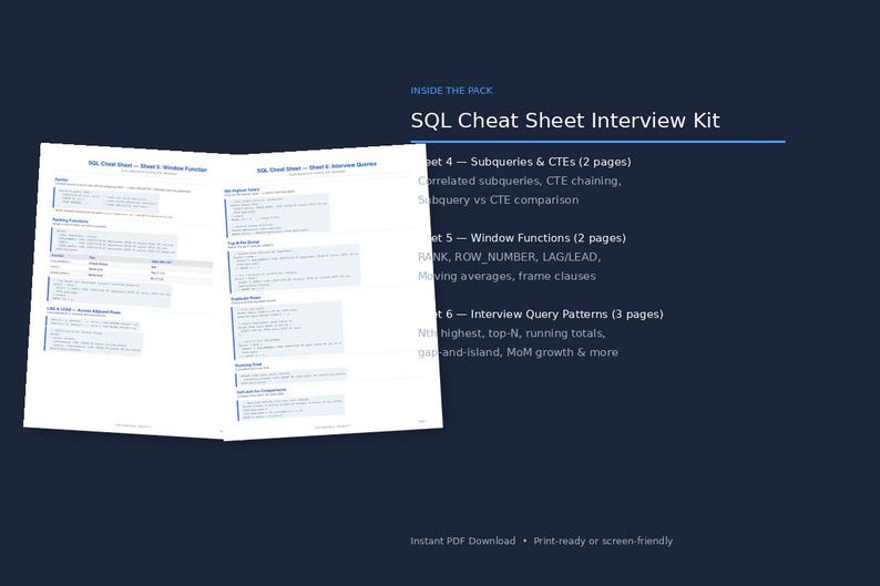 Pu&ograve; includere: Un kit di intervista SQL Cheat Sheet con il testo "INSIDE THE PACK" e "SQL Cheat Sheet Interview Kit". Il kit include informazioni su sottoquery, CTE, funzioni finestra e modelli di query di intervista. Il documento &egrave; un PDF pronto per la stampa.