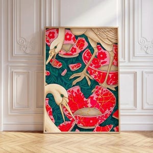 Reiher Kintsugi Kunst Druck, japanisch inspirierte Vogel Illustration, aquamarin rosa florales Kunstwerk (A3)