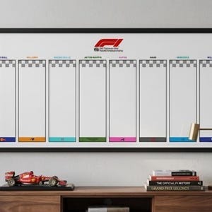 May include: A rectangular wall-mounted Formula 1 race calendar framed in black. The white board features ten vertical columns with checkered flag headers and colored bars at the bottom, topped with the official Formula 1 logo in the center.