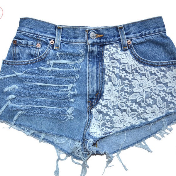 LACE High Waisted Distressed Denim Shorts