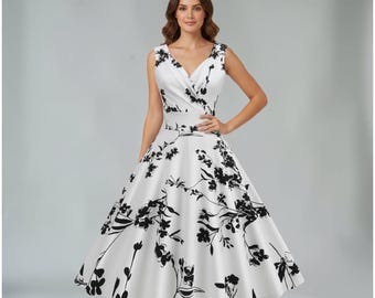 Vintage 1950s Floral A-Line Midi Dress | Black White V-Neck Swing Cocktail Dress