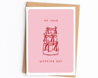On Your Wedding Day Card | Cute Just Married Wedding Card with Cake Design, Happy Wedding Day, Red & Pink Illustration, A6 Greetings Card