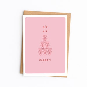 Hiep hiep hoera gefeliciteerd kaart | Leuke feestkaart, verlovingskaart, verloofd | Handgemaakte rode en roze illustratie | A6-wenskaart