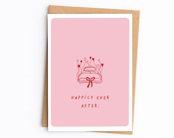 Happily Ever After Card | Cute Wedding Card with Car Illustration | Congratulations on your Wedding Day | Red & Pink | A6 Greetings Card