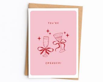 Tarjeta de compromiso / Linda felicitación por tu compromiso / Tarjeta de celebración / Ilustración hecha a mano en rojo y rosa / Tarjeta de felicitación A6