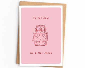 PERSONALISED Wedding Cake Card | Red Pink | You're Married, On Your Wedding Day, Marriage Congratulations, Just Married, A6 Greetings Card