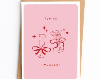 Je bent verloofd-kaart | Gefeliciteerd met je verloving | Feestkaart | Handgemaakte rode en roze illustratie | A6-wenskaart