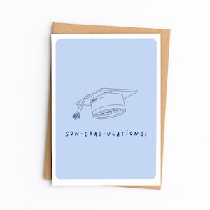 Op de afbeelding: Een lichtblauwe wenskaart met een donkerblauwe lijntekening van een afstudeerhoed met een kwastje. Onder de hoed staat de tekst CON-GRAD-ULATIONS! in donkerblauwe hoofdletters gedrukt. De kaart ligt op een bruine papieren envelop.