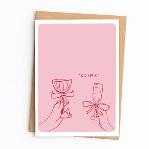 Gefeliciteerd kaart | Leuke feestkaart met roosterglaasjes | Verloving, bruiloft | Rode en roze illustratie | A6-wenskaart