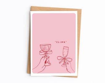 Congratulations Card | Cute Celebration Card with Toasting Glasses | Engagement, Wedding | Red & Pink Illustration | A6 Greetings Card