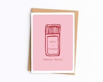 PERSONALISED Perfect Match Card | Cute Anniversary, Love or Wedding Card Design | Handmade Red & Pink Illustration | A6 Greetings Card