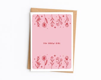 ¡Crece, chica! / Tarjeta de felicitación con ilustración floral para animar y celebrar / Tarjeta de felicitación con diseño lineal en rojo y rosa (A6)