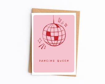 Dancing Queen Disco Ball Birthday Card | Happy Birthday Card for her, sister, auntie, friend, best friend | Pink and Red A6 Greetings Card