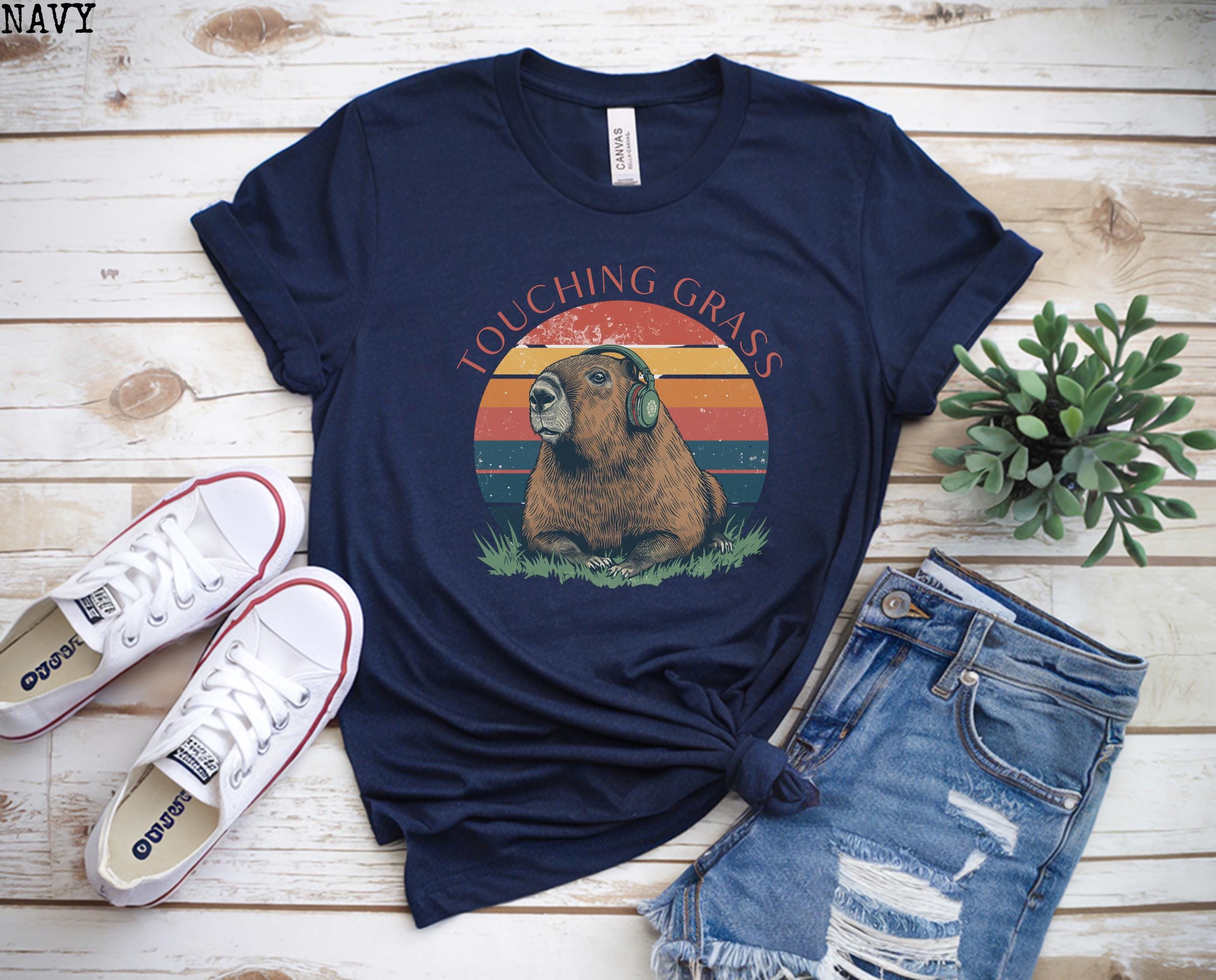 Touching Grass Capybara Shirt | Retro Nature Graphic Tee Women | Funny Outdoors Tshirt | Trendy Meme Shirt