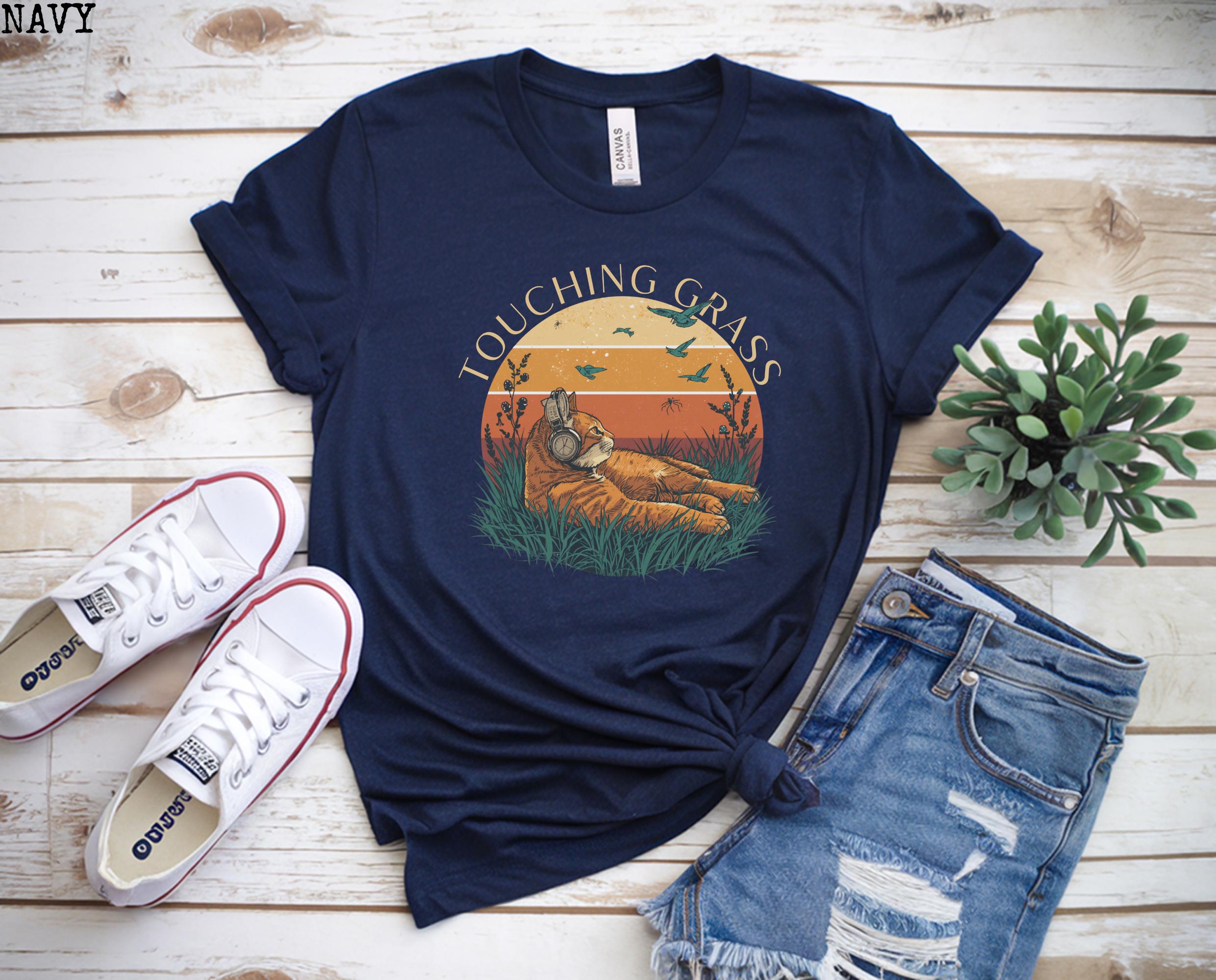 Touching Grass Cat Shirt | Retro Nature Graphic Tee Women | Funny Outdoors Tshirt | Trendy Meme Shirt