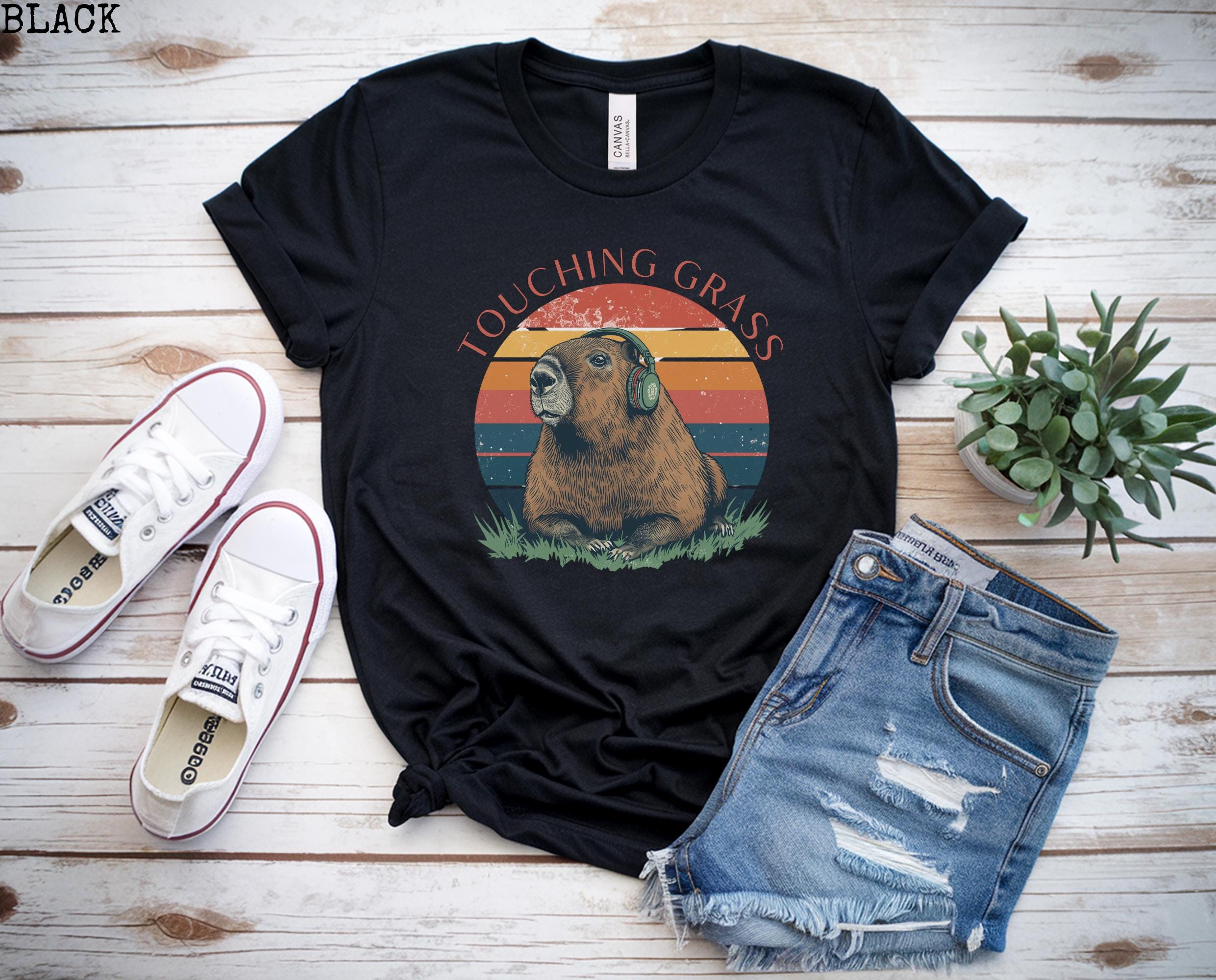 Touching Grass Capybara Shirt | Retro Nature Graphic Tee Women | Funny Outdoors Tshirt | Trendy Meme Shirt