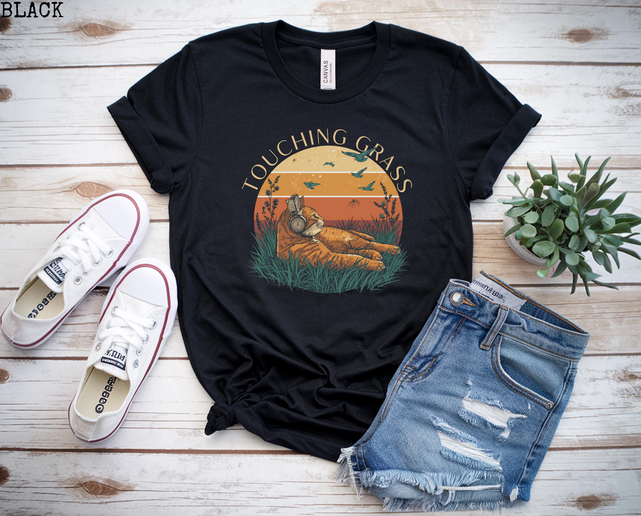 Touching Grass Cat Shirt | Retro Nature Graphic Tee Women | Funny Outdoors Tshirt | Trendy Meme Shirt