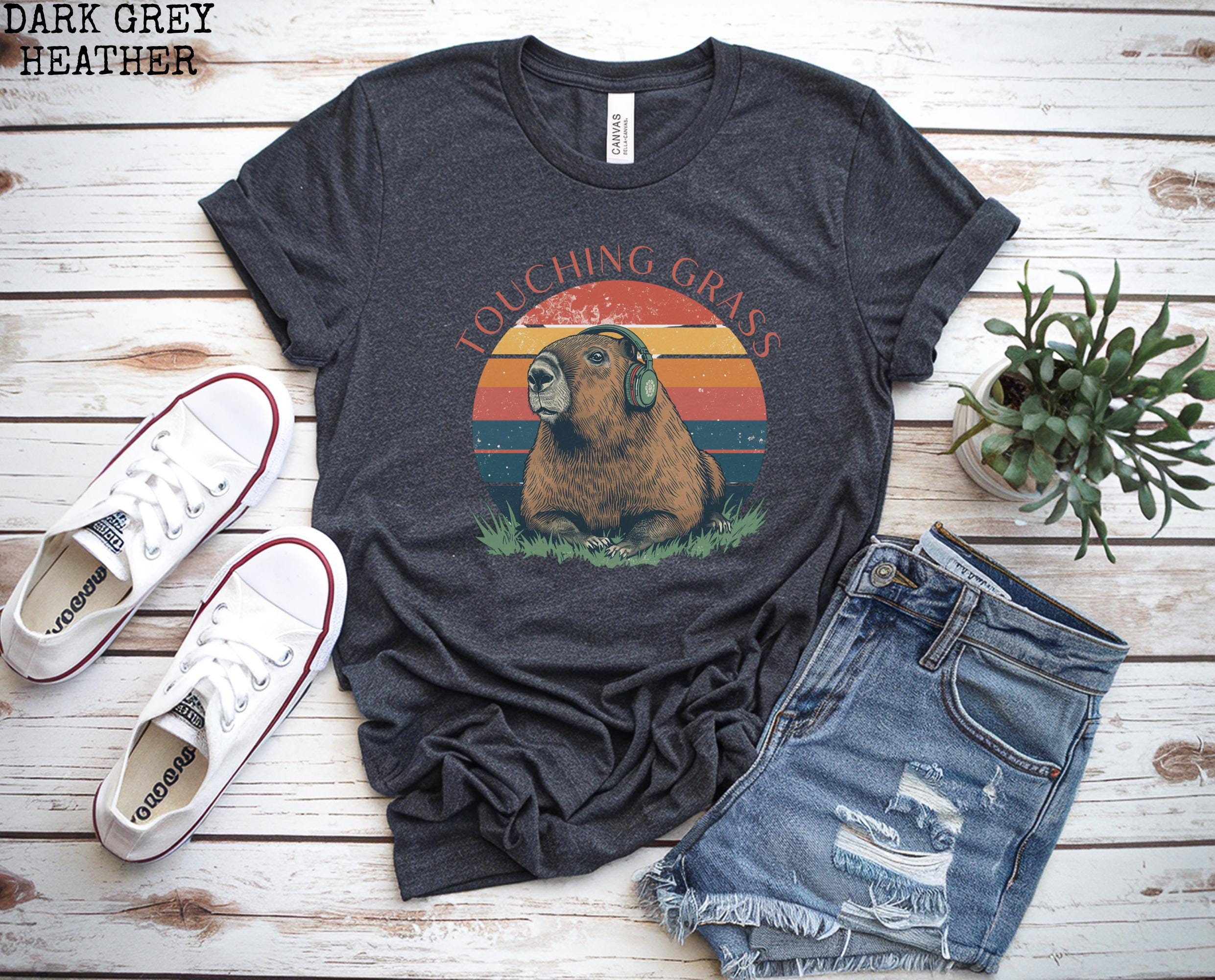 Touching Grass Capybara Shirt | Retro Nature Graphic Tee Women | Funny Outdoors Tshirt | Trendy Meme Shirt