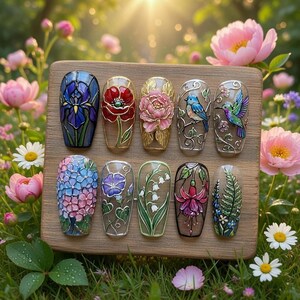 Peut inclure: Dix créations de nail art aux motifs détaillés, chacune représentant une fleur ou un oiseau différent. Les motifs comprennent un iris bleu, un coquelicot rouge, une pivoine rose, un oiseau bleu, un colibri, un hortensia, une gloire du matin, du muguet, un fuchsia et une fougère.