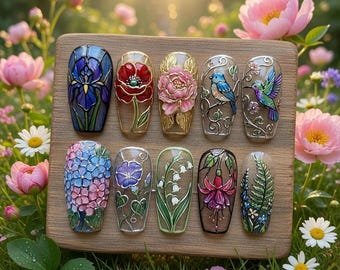 Stained Glass Floral Press On Nails - 3D Art Nouveau Flower & Bird Fake Nails - Botanical Birth Month Garden Glue On Nails - Gift for Her