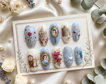 Uñas postizas de La Bella y la Bestia - Uñas postizas de lujo inspiradas en Bella de Disney en 3D - Uñas postizas con efecto espejo en rosa y oro encantado