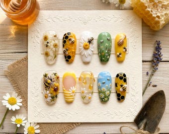 Uñas postizas de abeja, diseño de margaritas en 3D, uñas postizas de abejorro amarillo, uñas bonitas de jardín primavera-verano, uñas con pegamento de panal