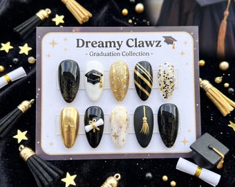 Black Press On Nails, Graduation Cap Fake Nails, Luxury Gold Gel Nails, 3D Tassel False Nails, Class of 2026 Nails, Cute Senior Nails