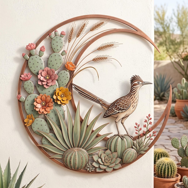 Desert Roadrunner 2D Metal Wall Art, Southwest Cactus Wall Decor, Round Desert Landscape Wall Hanging, Rustic Outdoor Decor