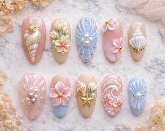 Pastel Beach Press On Nails – 3D Shell Flower Nails, Ocean Wave Nails, Pearl Mermaid Nails, Summer Nails, Soft Pink Blue Nails