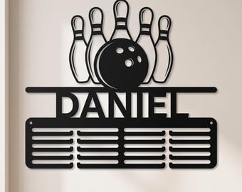 Personalisierter Bowlingmedaillenhalter, individuelle Bowlingmedaillenpräsentation, Bowlingkugel-Wanddekoration aus Metall, Aufhänger für Bowlingauszeichnungen