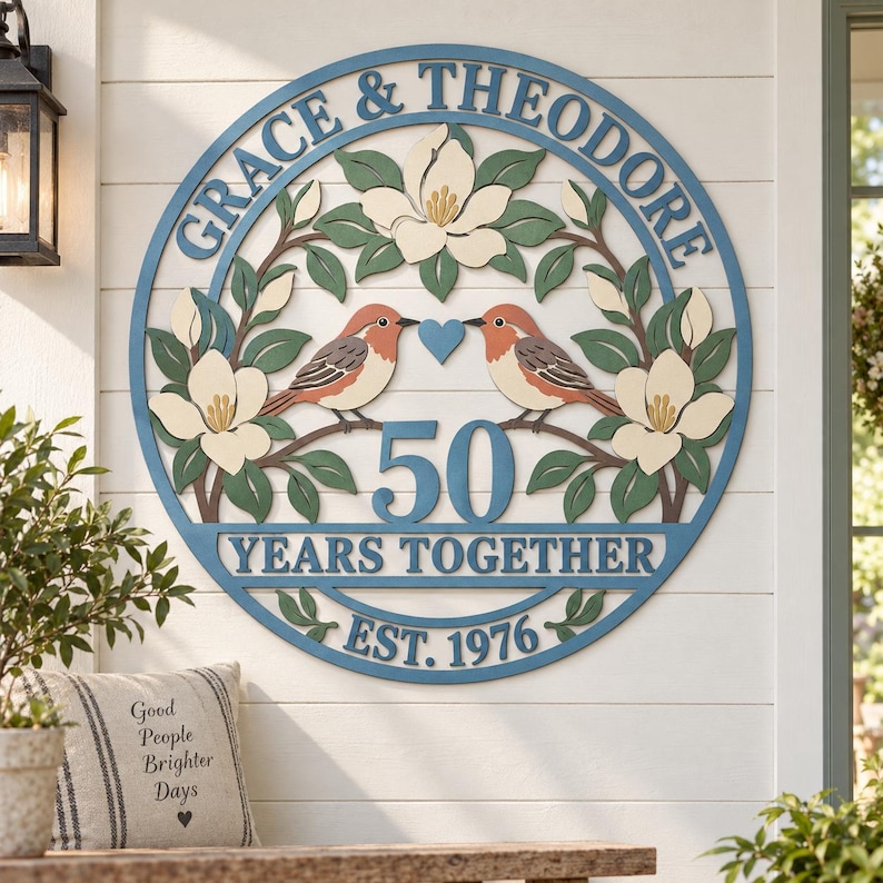 Personalized 50th Anniversary Wall Decor, 2D Love Birds Couple Sign