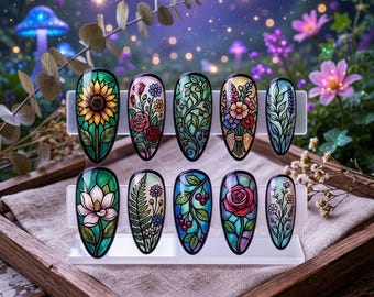 Birth Month Flower Press On Nails, Stained Glass Floral Fake Nails, Wildflower Meadow Custom Nails, Botanical Garden Aesthetic Nails